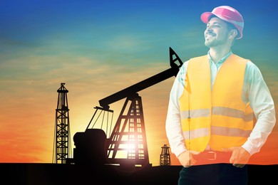 Image of Worker, double exposure with crude oil pump