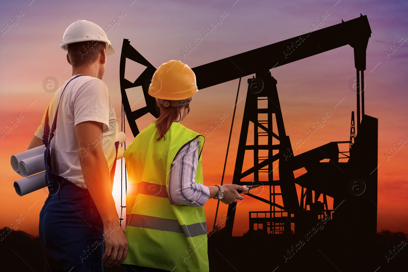 Image of Workers at oil production site with crude oil pump