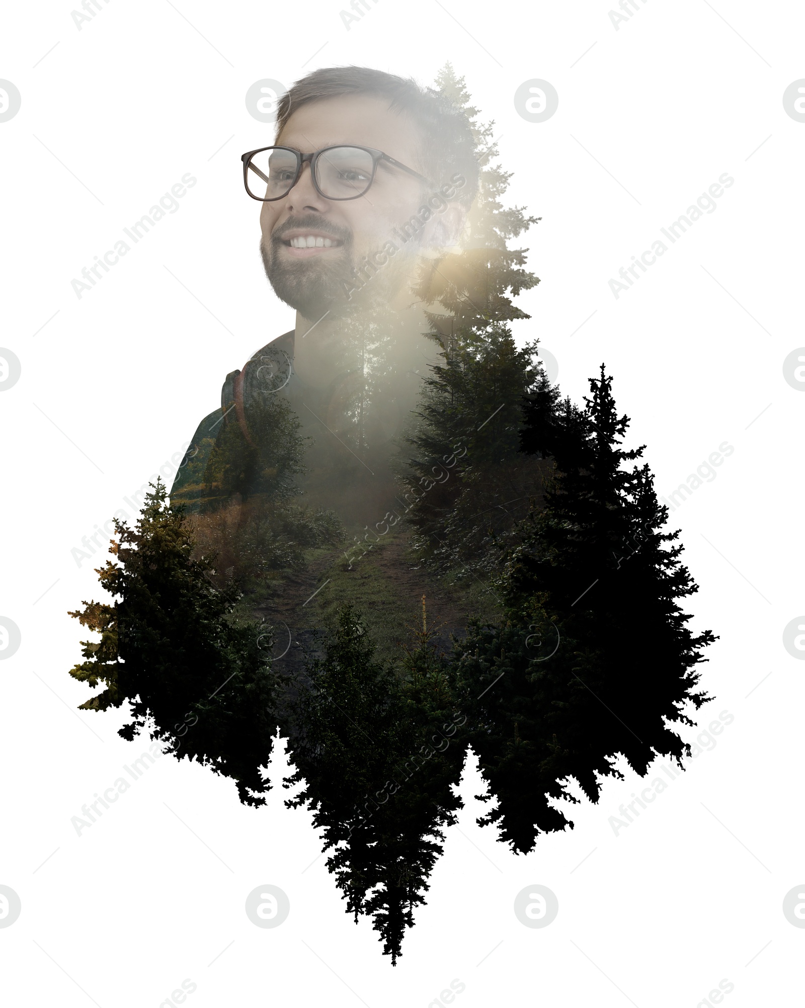 Image of Traveler on white background, double exposure with landscape of nature