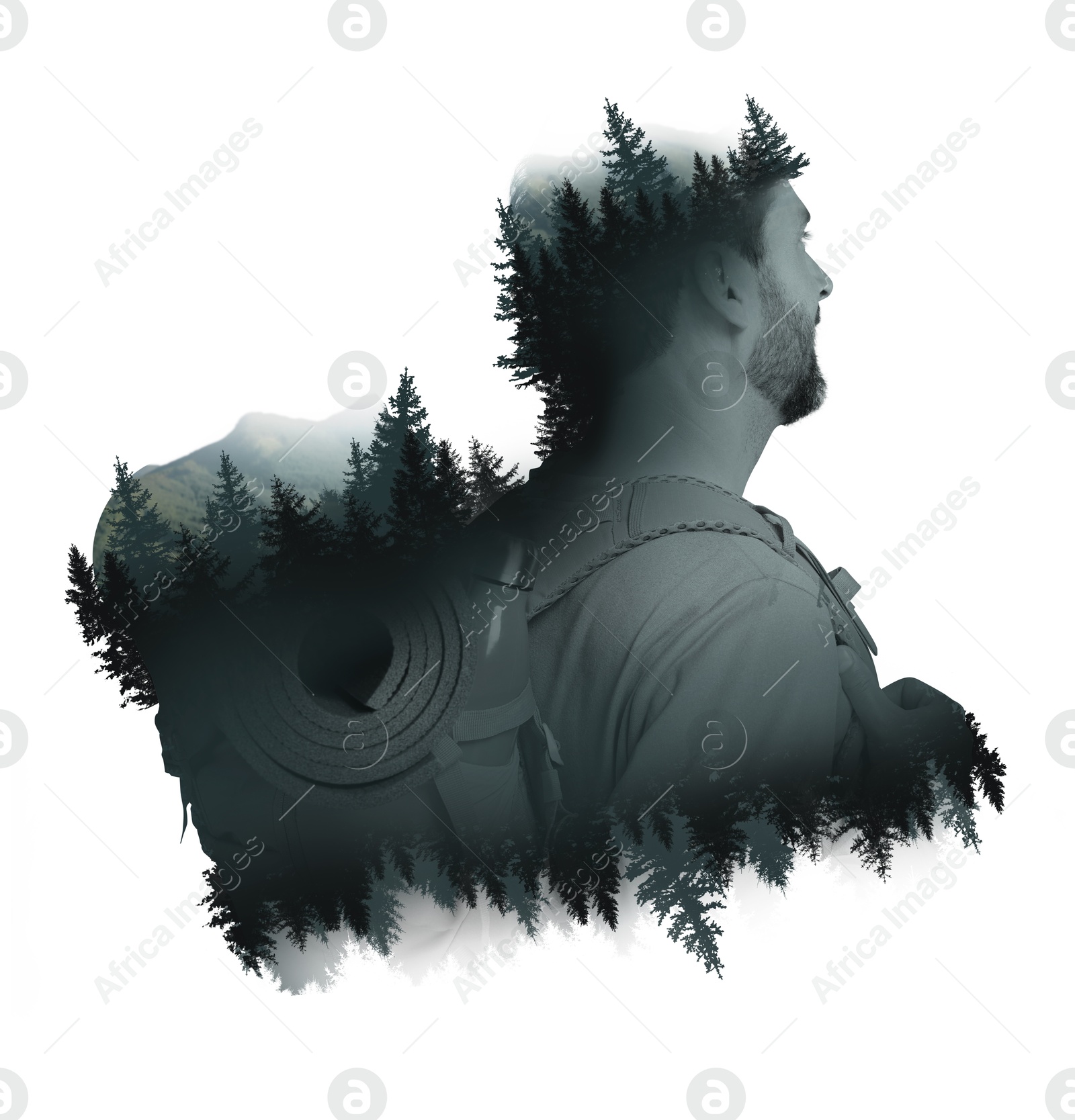 Image of Traveler on white background, double exposure with landscape of nature