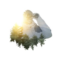 Image of Traveler on white background, double exposure with landscape of nature