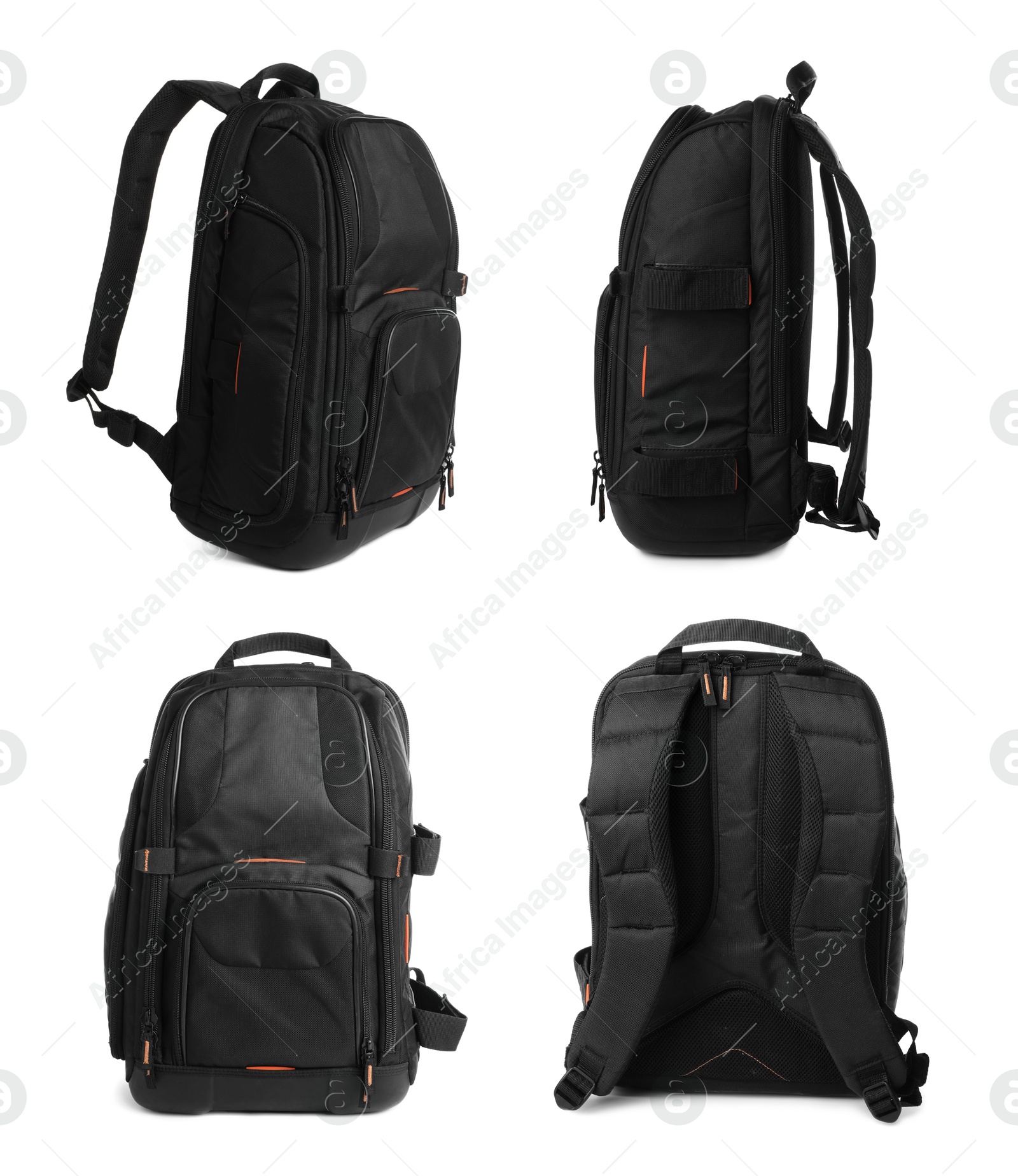 Black backpack isolated on white, collage. Different sides Image of Black backpack isolated on white, collage. Different sides