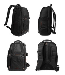 Image of Black backpack isolated on white, collage. Different sides