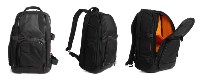Image of Black backpack isolated on white, collage. Different sides