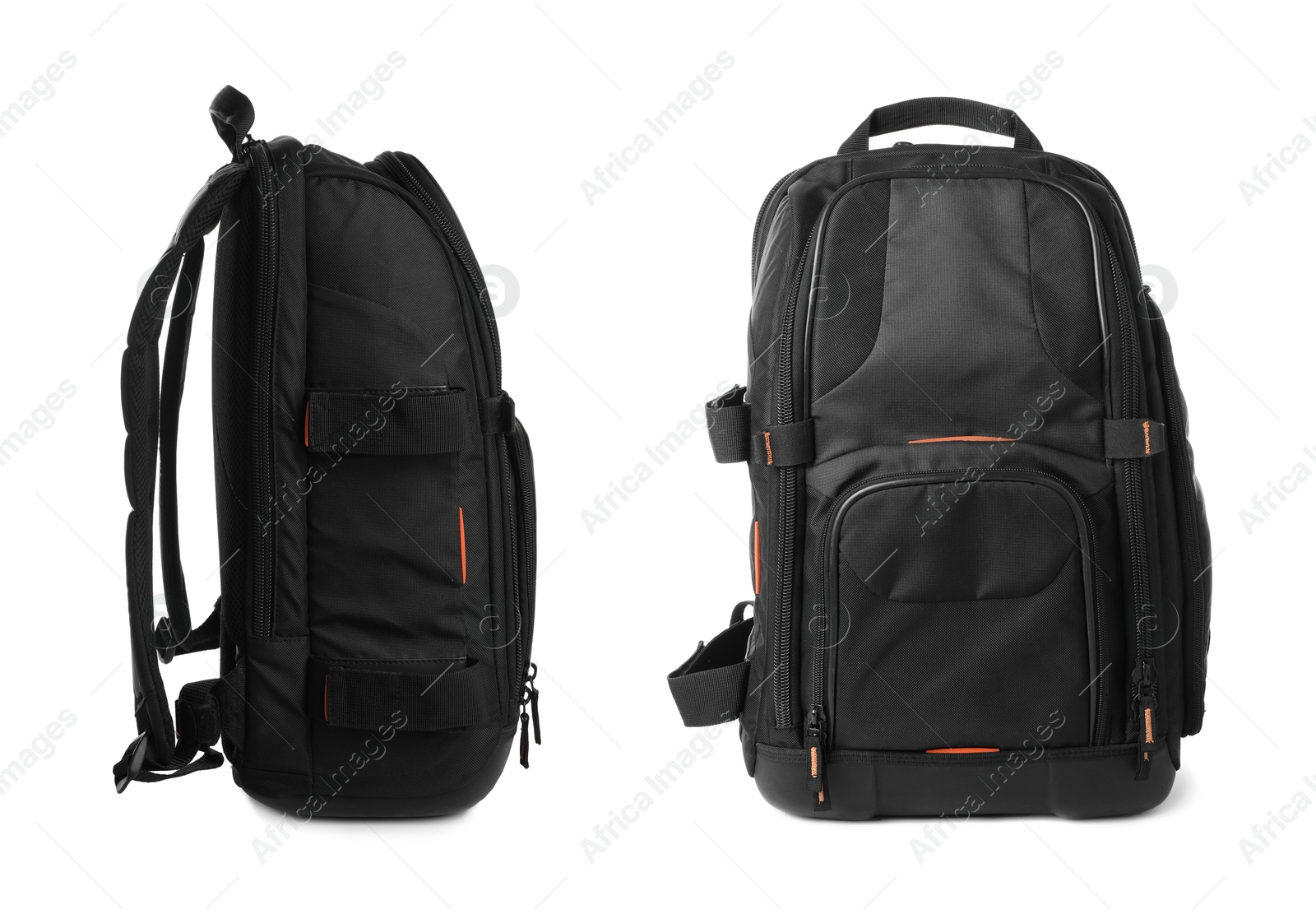 Image of Black backpack isolated on white, collage. Different sides