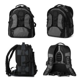 Image of Black and grey backpack isolated on white, collage. Different sides
