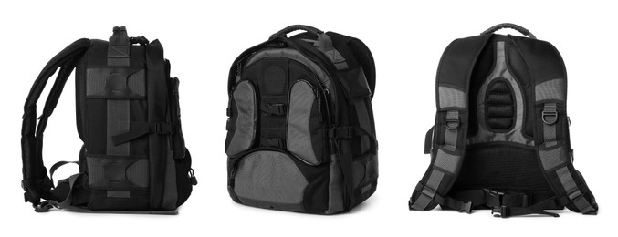Image of Black and grey backpack isolated on white, collage. Different sides