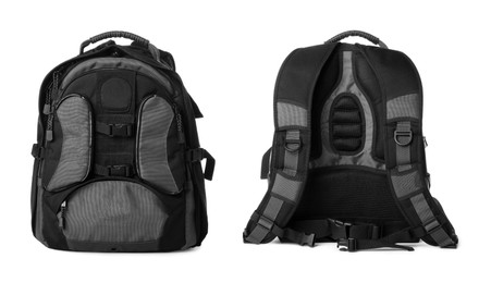 Image of Black and grey backpack isolated on white, collage. Different sides