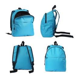 Image of Light blue backpack isolated on white, collage. Different sides