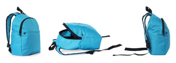 Image of Light blue backpack isolated on white, collage. Different sides