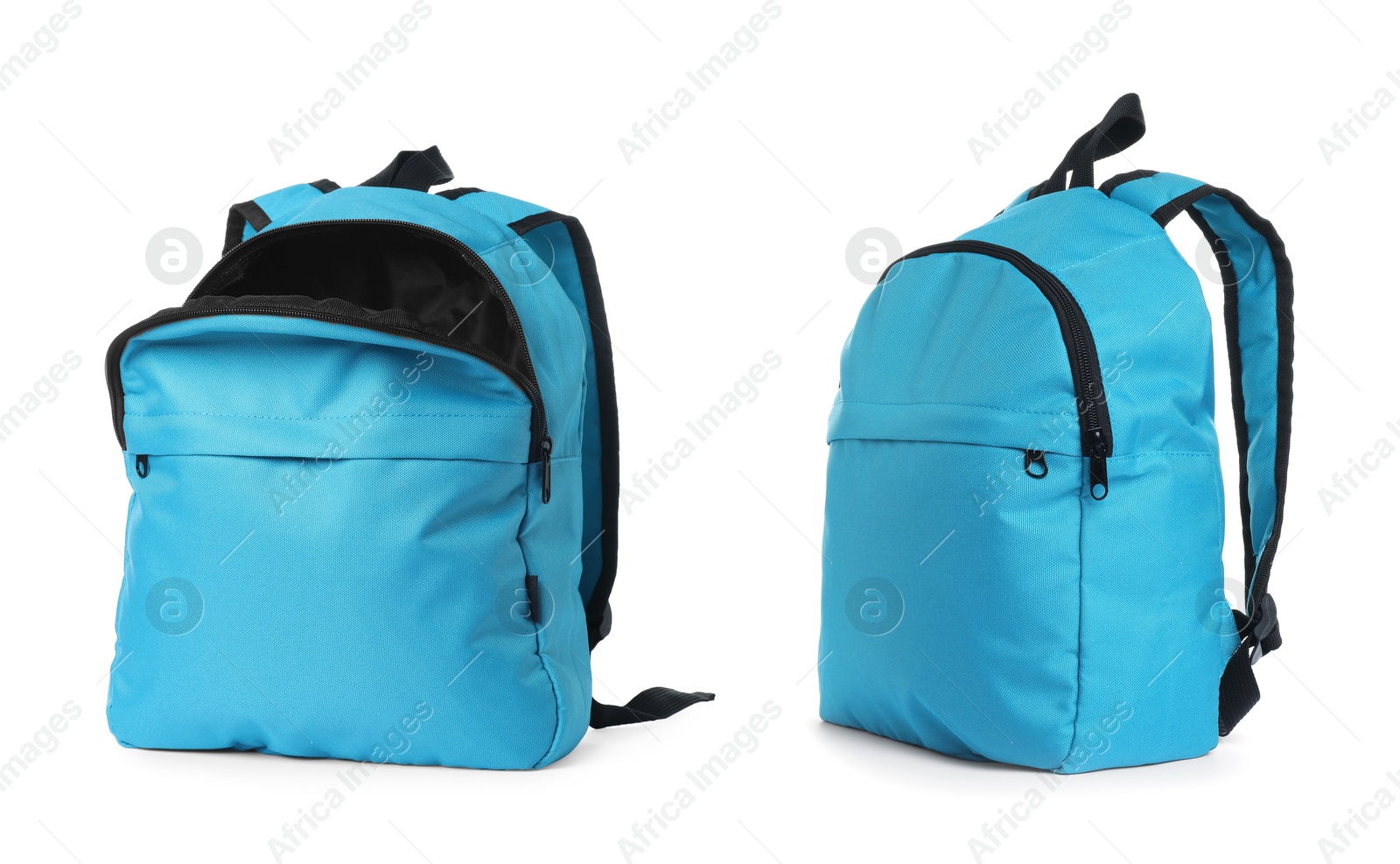 Light blue backpack isolated on white, collage. Different sides Image of Light blue backpack isolated on white, collage. Different sides