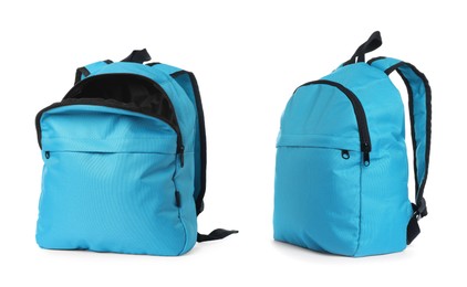 Image of Light blue backpack isolated on white, collage. Different sides