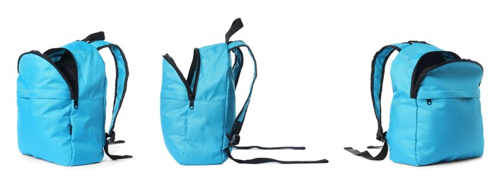 Image of Light blue backpack isolated on white, collage. Different sides