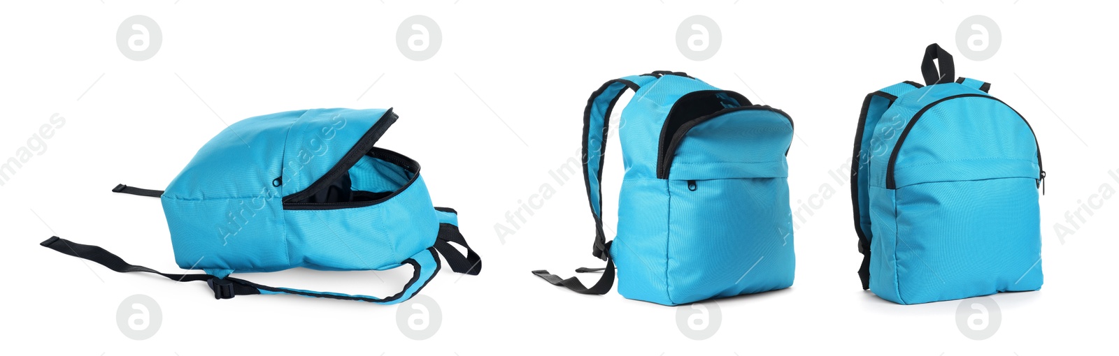 Light blue backpack isolated on white, collage. Different sides Image of Light blue backpack isolated on white, collage. Different sides
