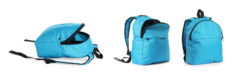 Image of Light blue backpack isolated on white, collage. Different sides