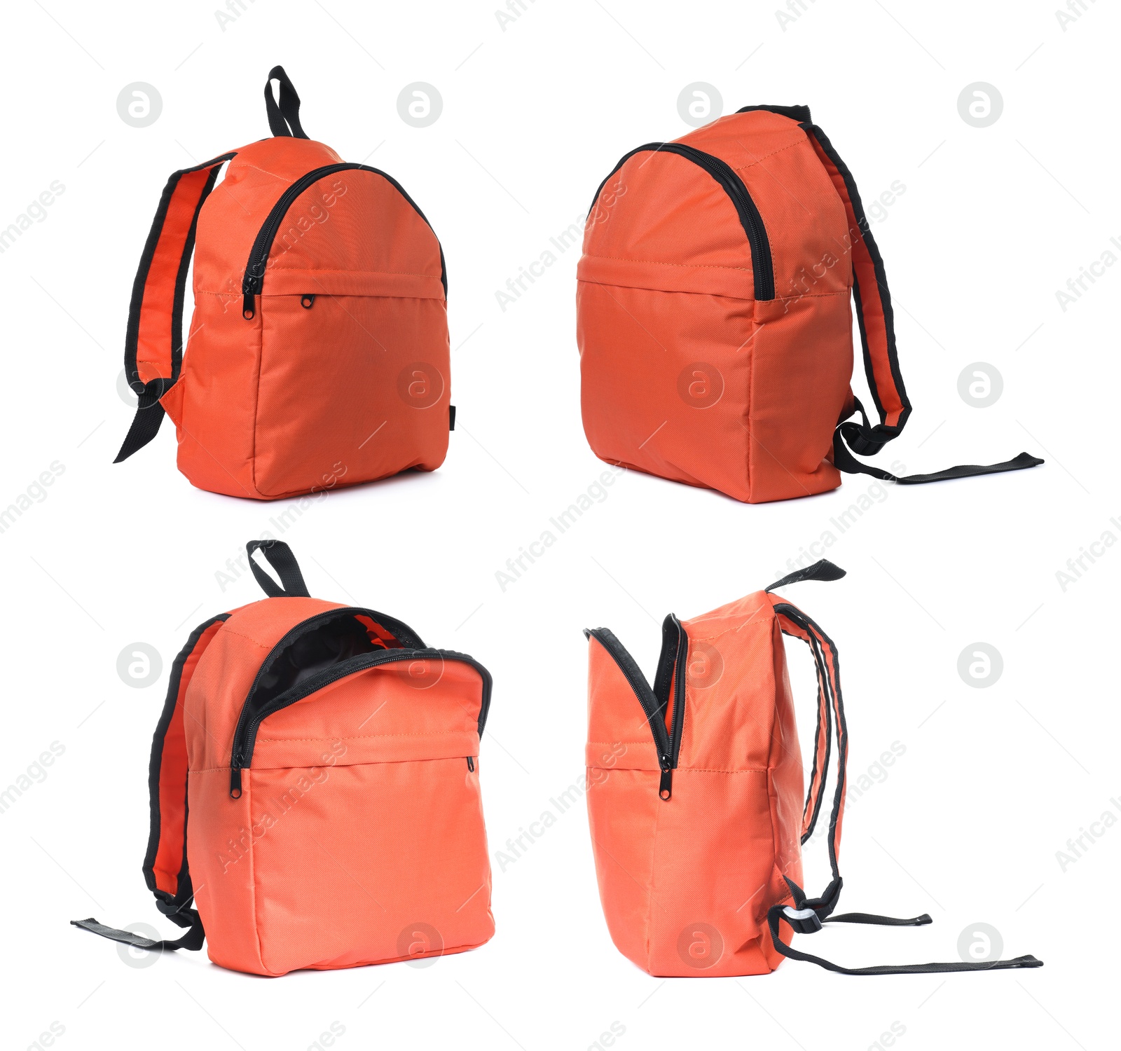 Orange backpack isolated on white, collage. Different sides Image of Orange backpack isolated on white, collage. Different sides