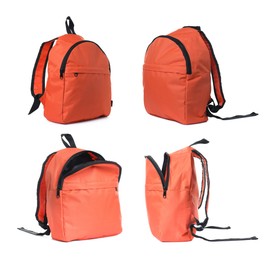 Image of Orange backpack isolated on white, collage. Different sides
