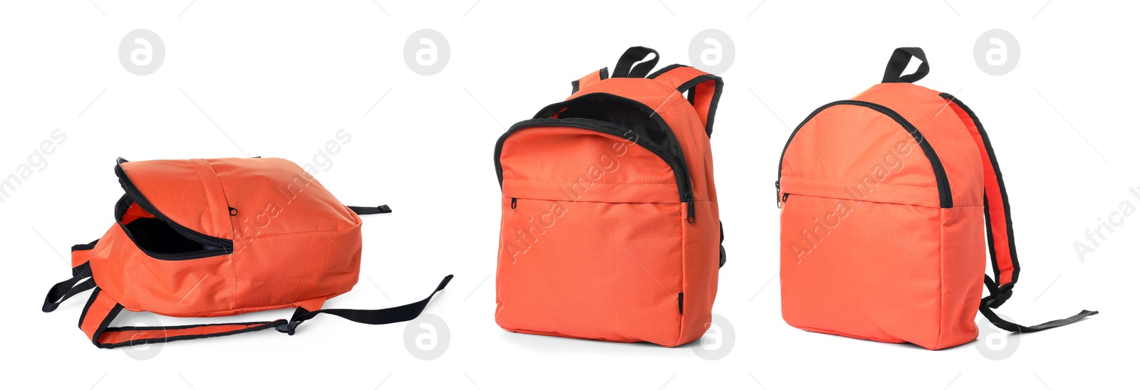 Orange backpack isolated on white, collage. Different sides Image of Orange backpack isolated on white, collage. Different sides