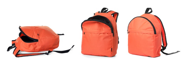Image of Orange backpack isolated on white, collage. Different sides