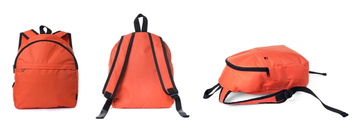 Image of Orange backpack isolated on white, collage. Different sides