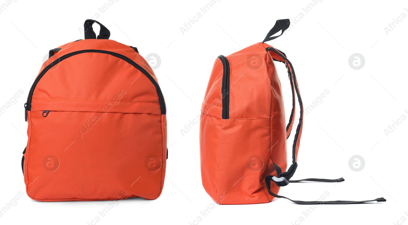 Orange backpack isolated on white, collage. Different sides Image of Orange backpack isolated on white, collage. Different sides