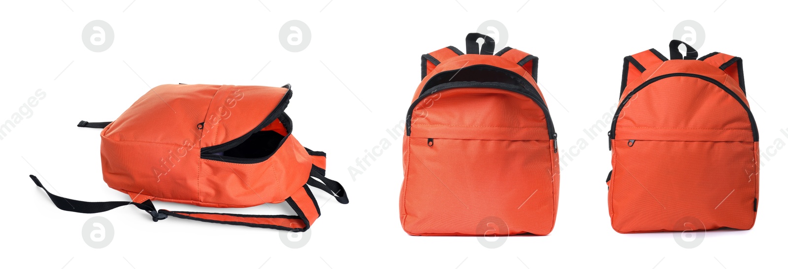 Orange backpack isolated on white, collage. Different sides Image of Orange backpack isolated on white, collage. Different sides