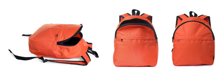 Image of Orange backpack isolated on white, collage. Different sides