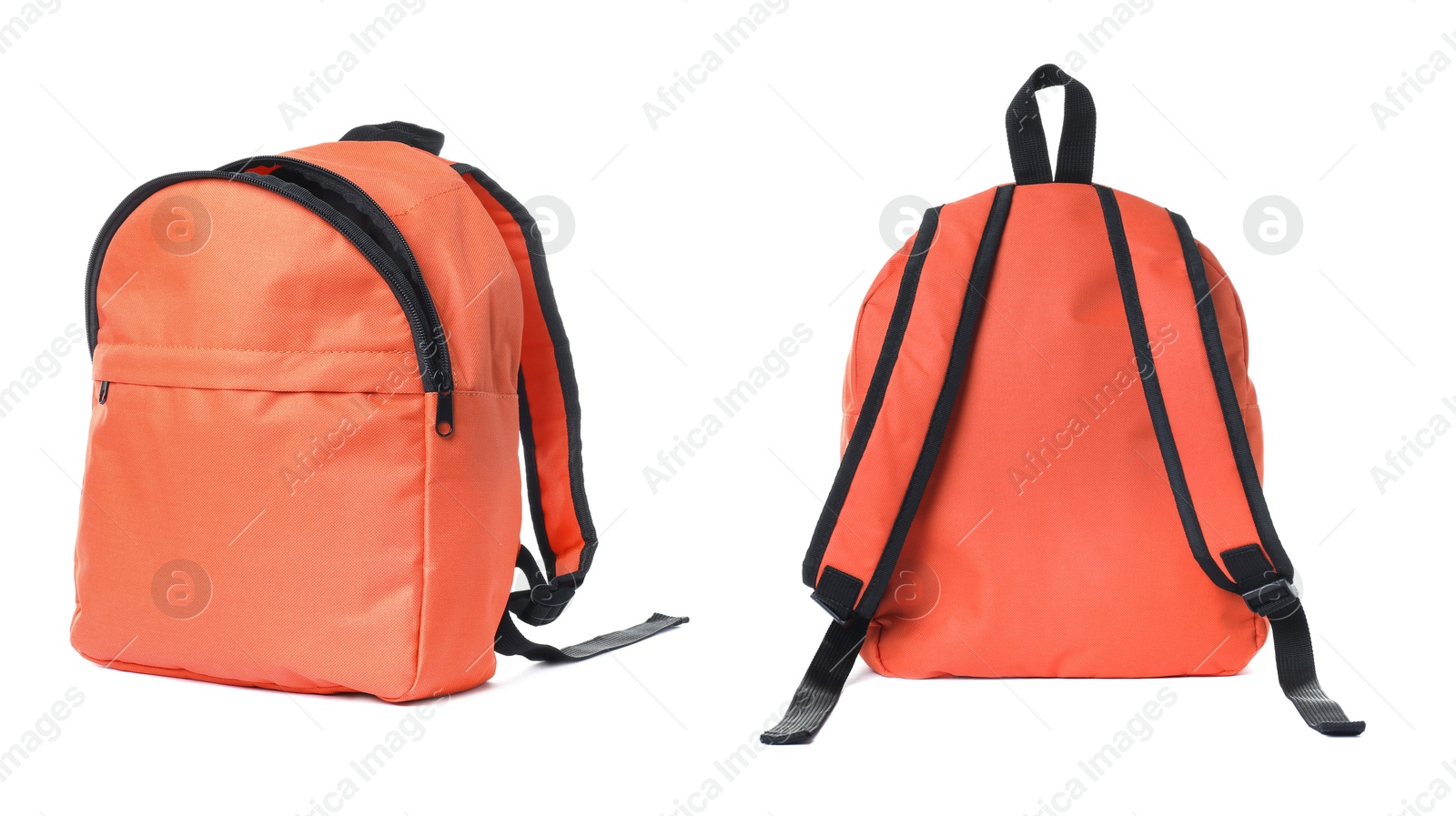 Orange backpack isolated on white, collage. Different sides Image of Orange backpack isolated on white, collage. Different sides