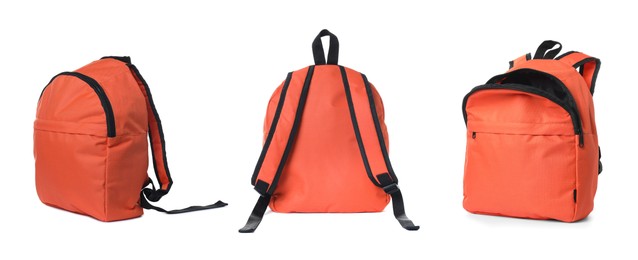 Image of Orange backpack isolated on white, collage. Different sides