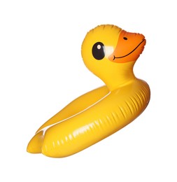 Photo of Duck shaped inflatable ring isolated on white. Beach accessory