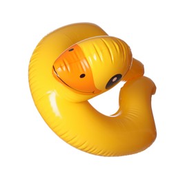 Photo of Duck shaped inflatable ring isolated on white. Beach accessory