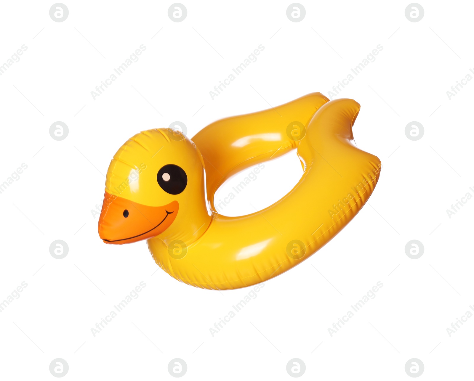 Photo of Duck shaped inflatable ring isolated on white. Beach accessory