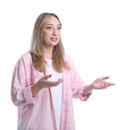 Photo of Young woman in casual clothes talking on white background