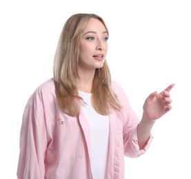 Photo of Young woman in casual clothes talking on white background