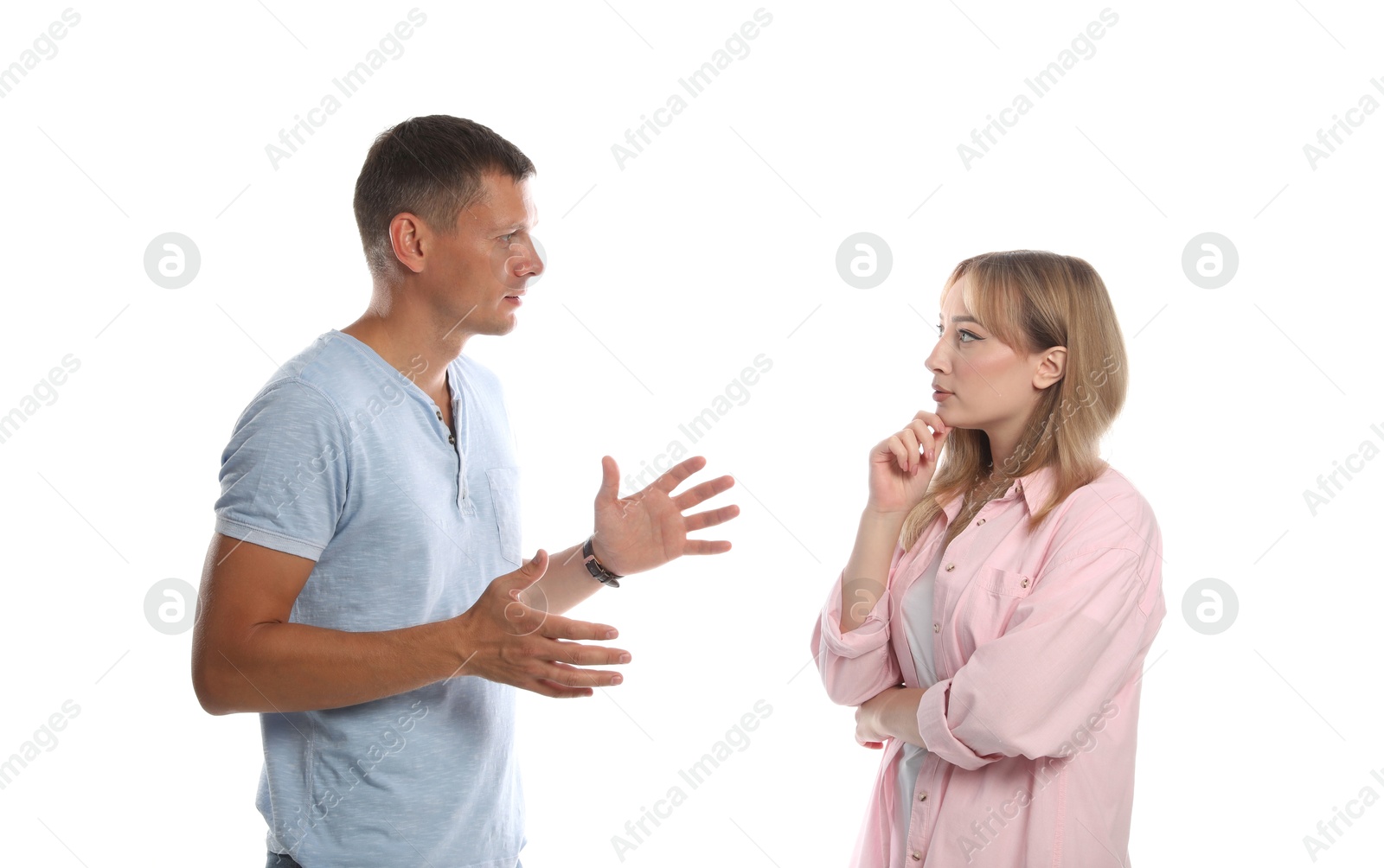 Photo of Man and woman talking on white background