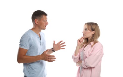 Photo of Man and woman talking on white background