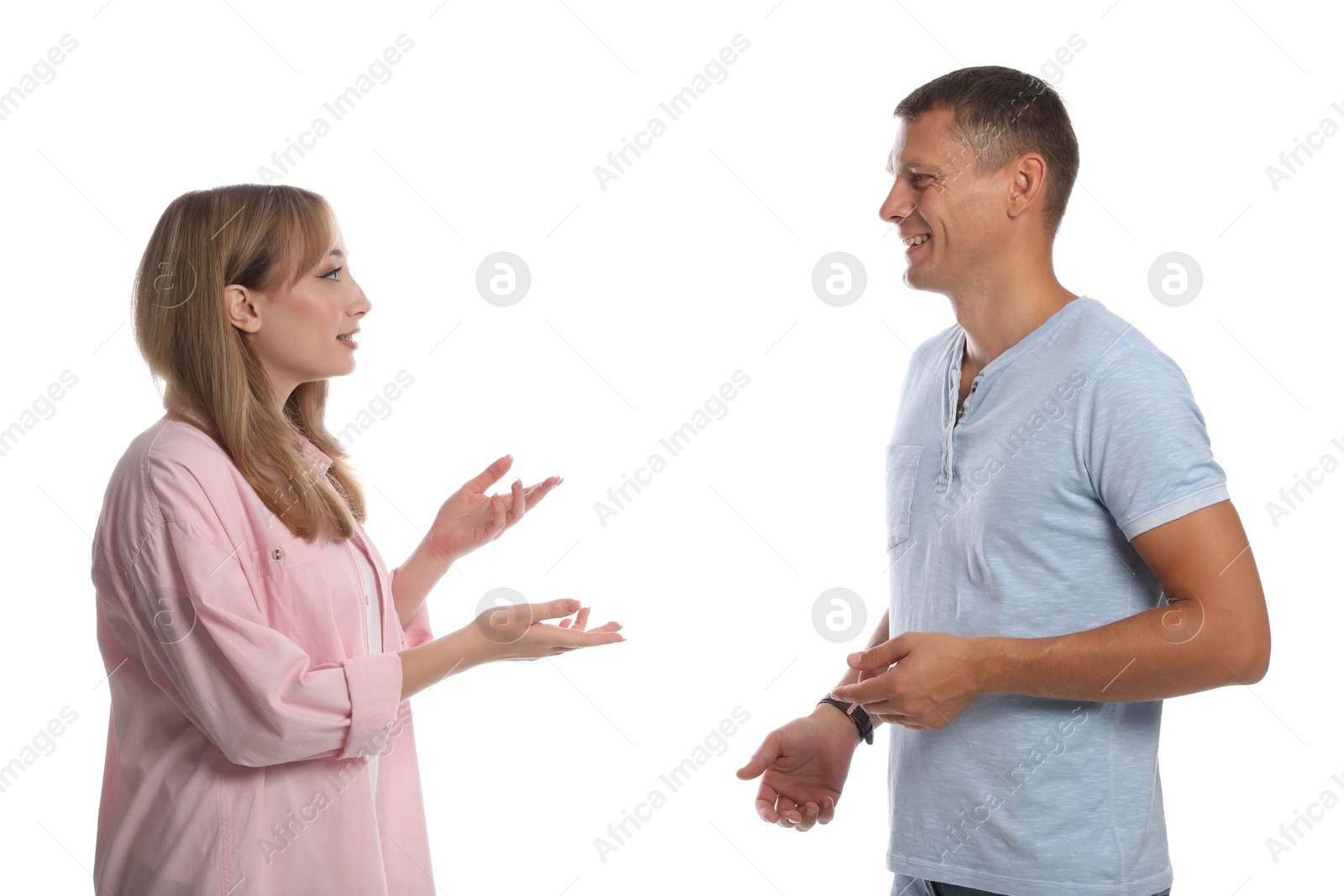 Photo of Man and woman talking on white background