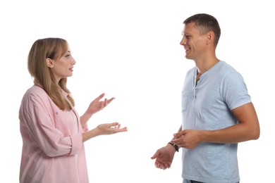 Photo of Man and woman talking on white background