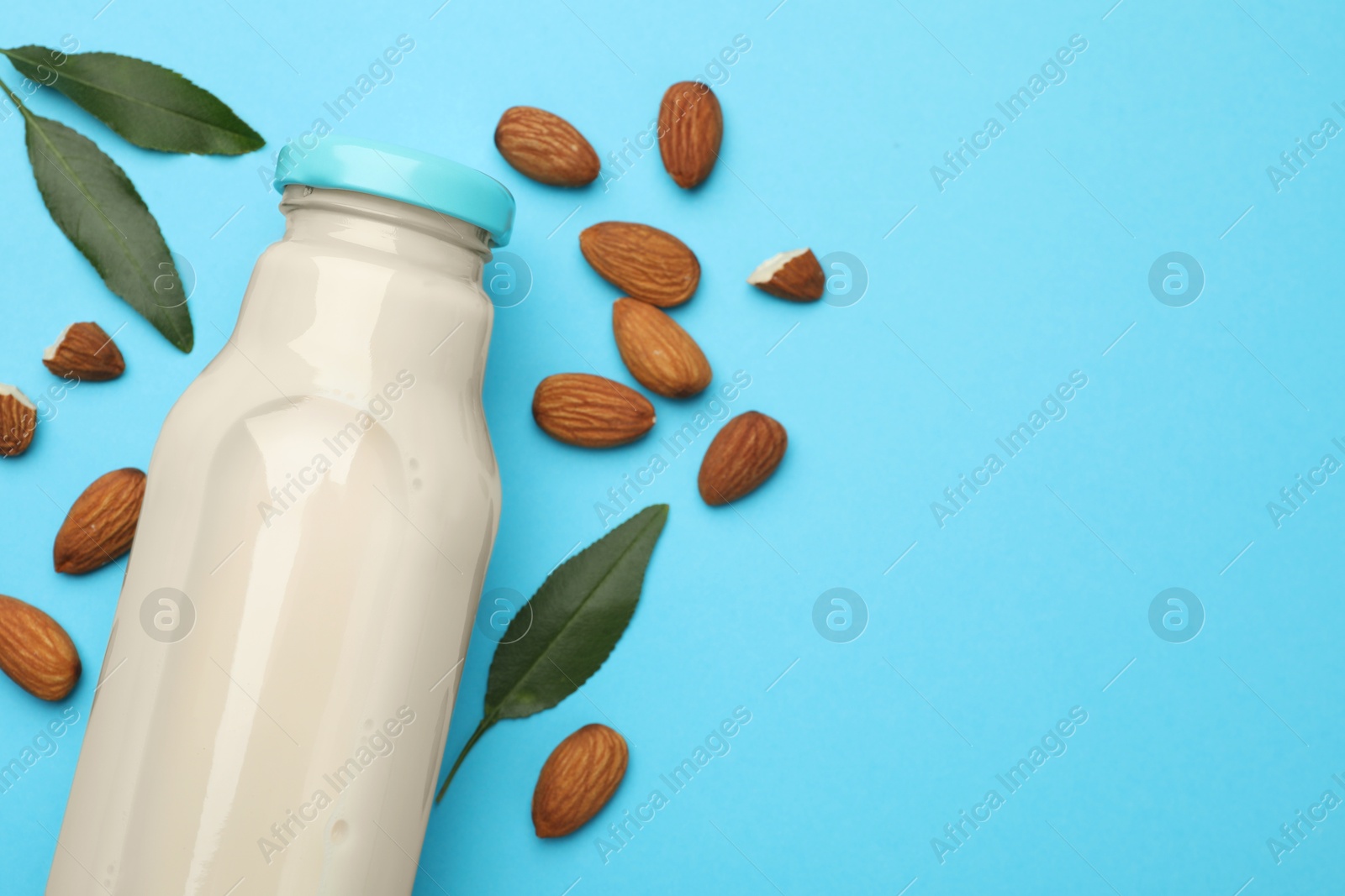 Photo of Fresh nut milk in glass bottle, almonds and green leaves on light blue background, top view. Space for text