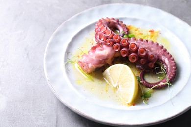 Photo of Appetizing octopus tentacles on light table, closeup