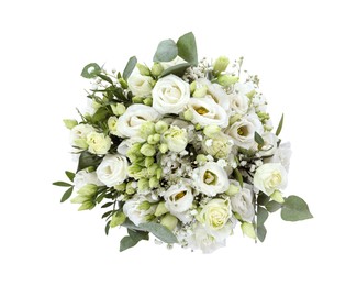 Photo of Wedding bouquet of beautiful flowers isolated on white, top view