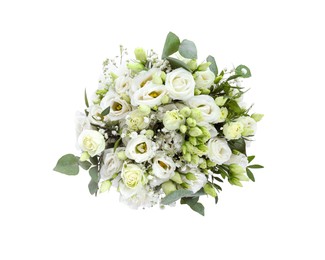 Photo of Wedding bouquet of beautiful flowers isolated on white, top view