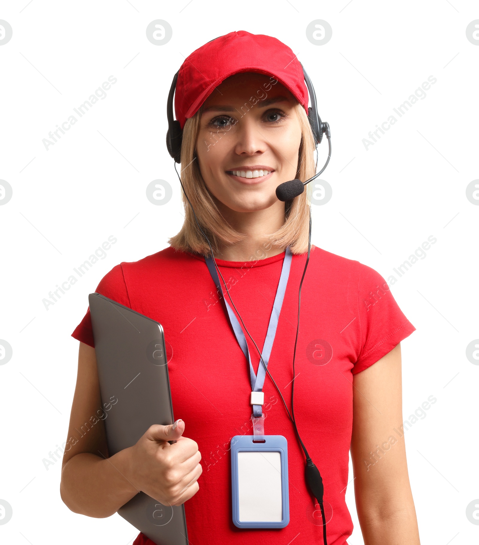 Photo of Technical support call center. Smiling operator with laptop on white background