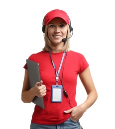 Photo of Technical support call center. Smiling operator with laptop on white background