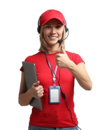 Photo of Technical support call center. Smiling operator with laptop showing thumbs up on white background