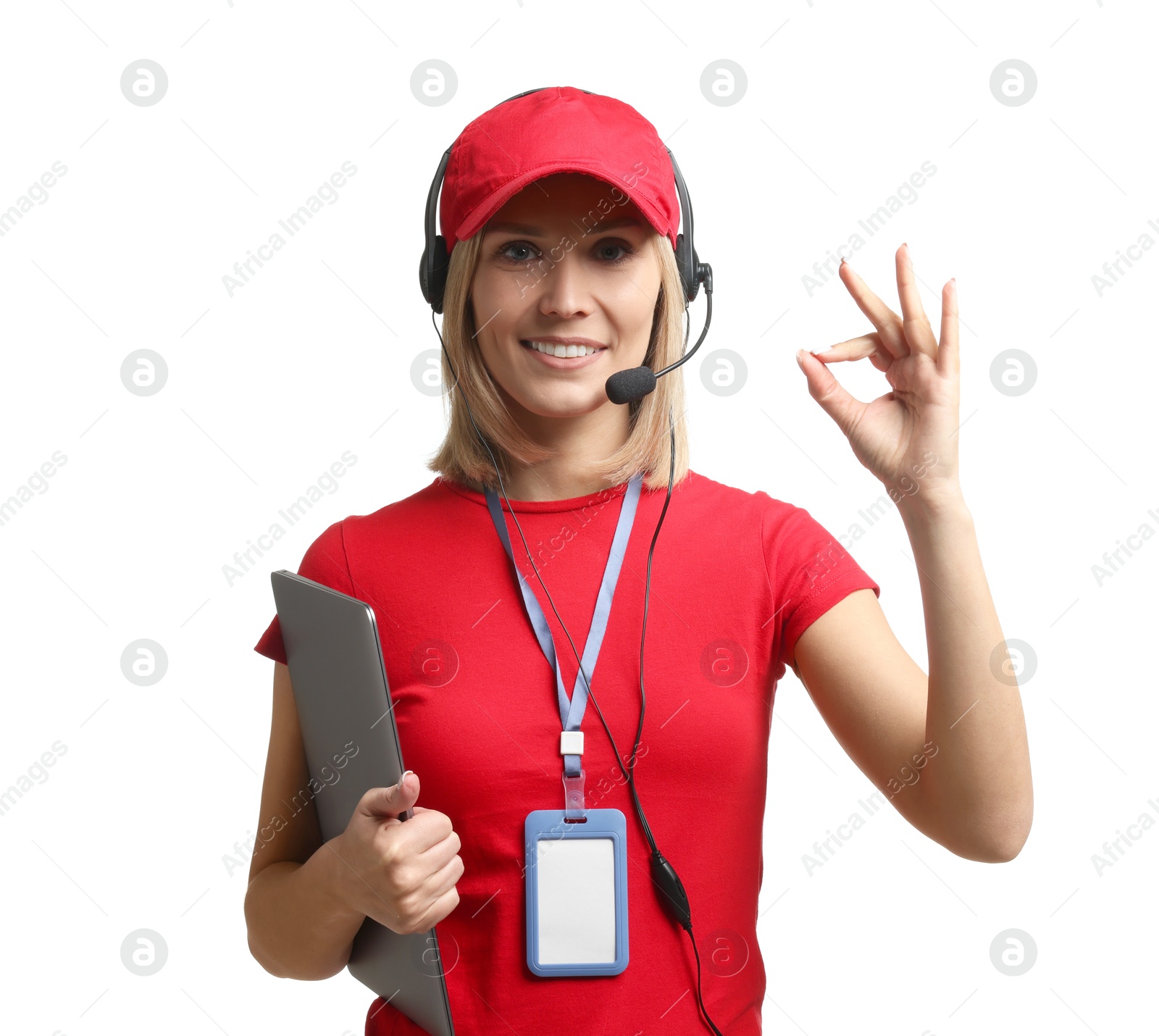 Photo of Technical support call center. Smiling operator with laptop showing ok gesture on white background