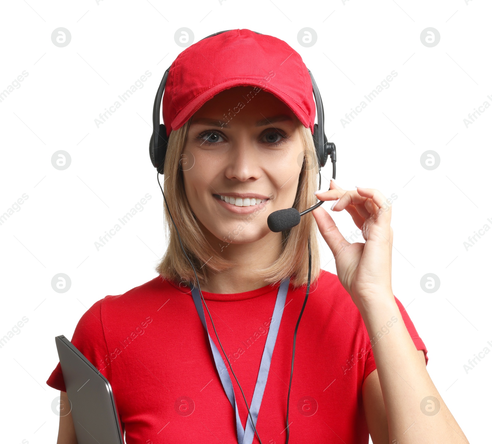 Photo of Technical support call center. Smiling operator with laptop on white background