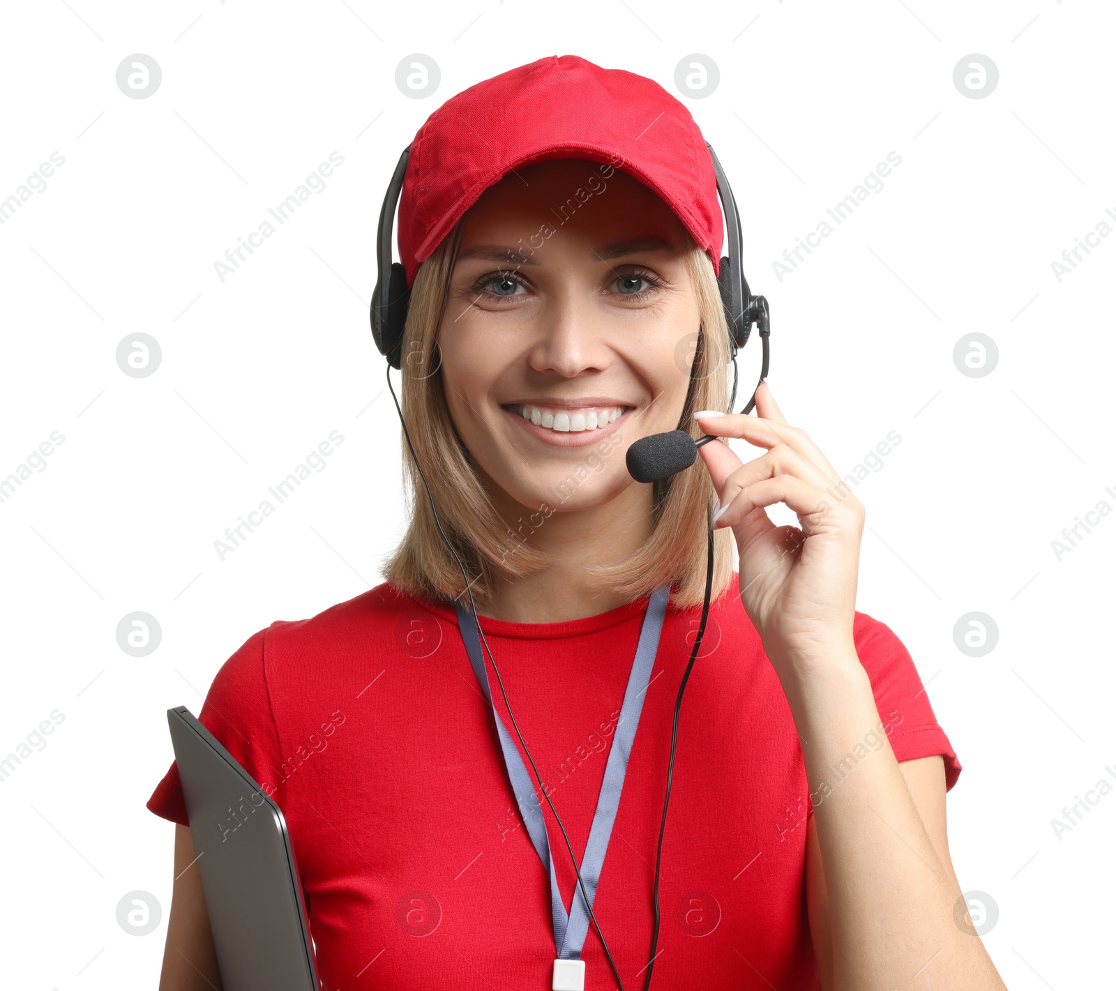 Photo of Technical support call center. Smiling operator with laptop on white background