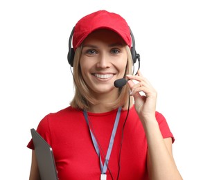 Technical support call center. Smiling operator with laptop on white background