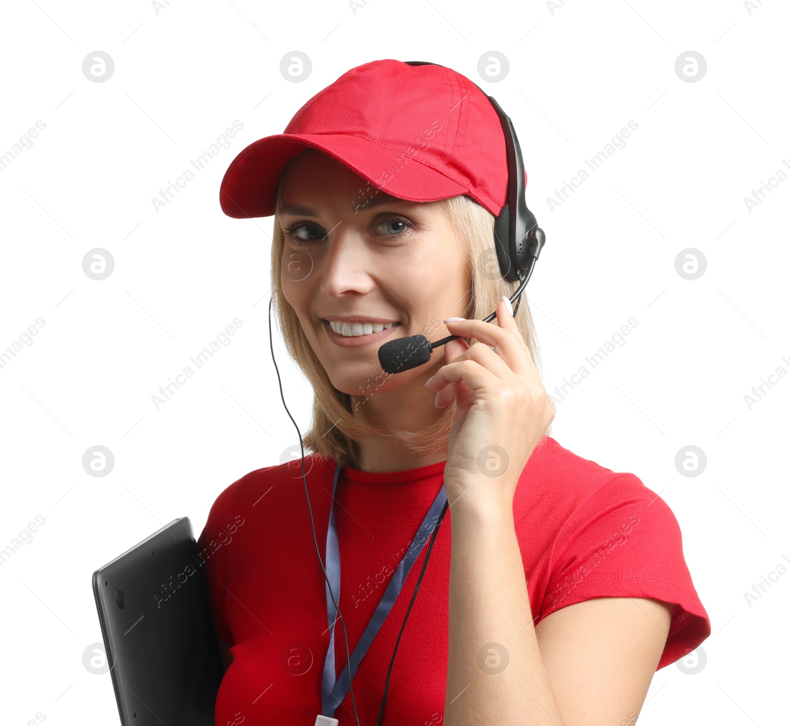 Photo of Technical support call center. Smiling operator with laptop on white background